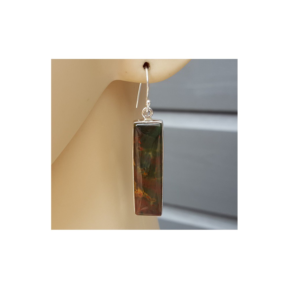 Silver earrings set with rectangular Bloodstone