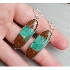 Silver long drop earrings set with oval Boulder Chrysoprase