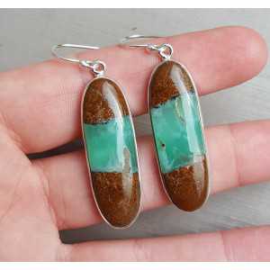 Silver long drop earrings set with oval Boulder Chrysoprase