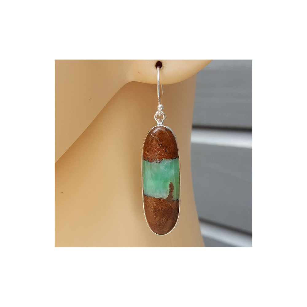 Silver long drop earrings set with oval Boulder Chrysoprase