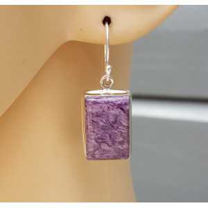 Silver earrings set with rectangular Charoiet