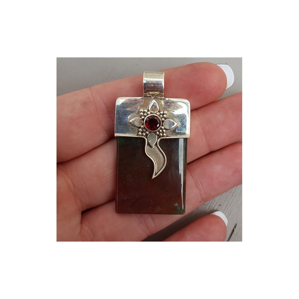 Silver pendant with rectangular Bloodstone and round Garnet