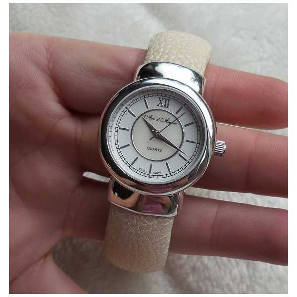 Silver watch / bracelet of cream Roggenleer
