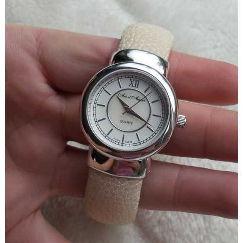 Boom Baleinwalvis bestuurder Zilveren horloge / armband van crème Roggenleer