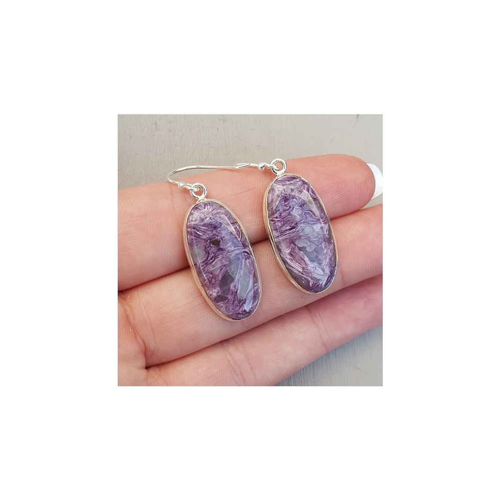 Silver earrings set with oval cabochon Charoiet