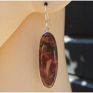 Silver earrings set with oval cabochon Bloodstone