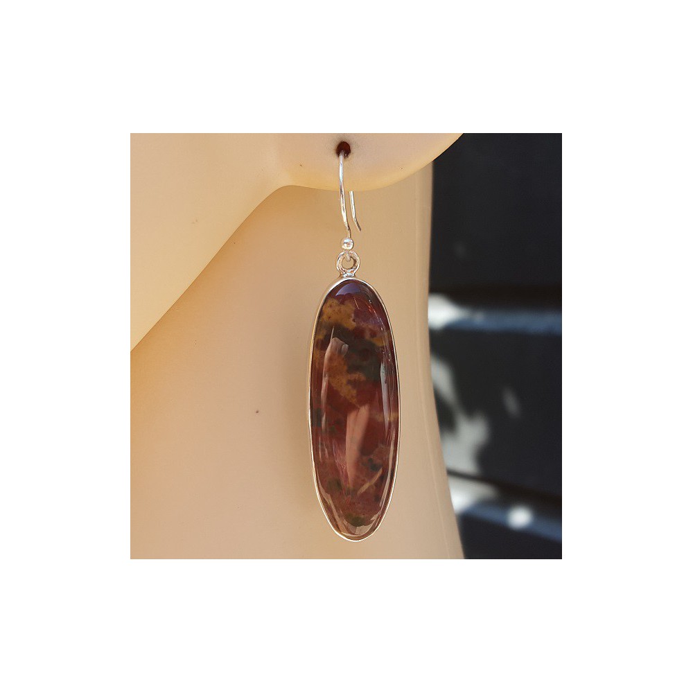 Silver earrings set with oval cabochon Bloodstone