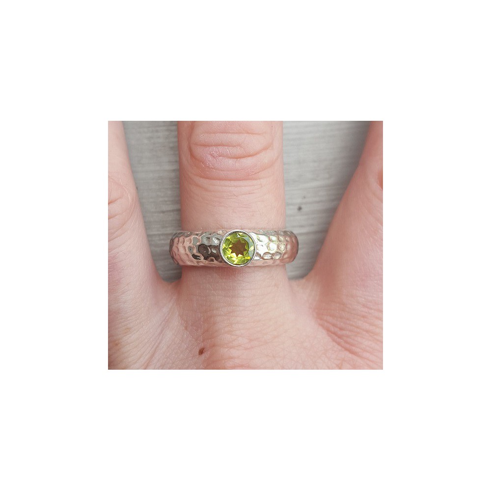 Silver ring set with round faceted Peridot 19 mm