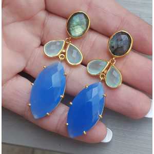 Gold plated earrings with Labradorite, aqua and blue Chalcedony