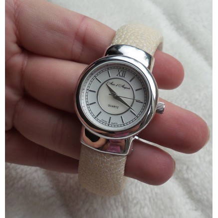 Zilveren horloge / armband van crème Roggenleer