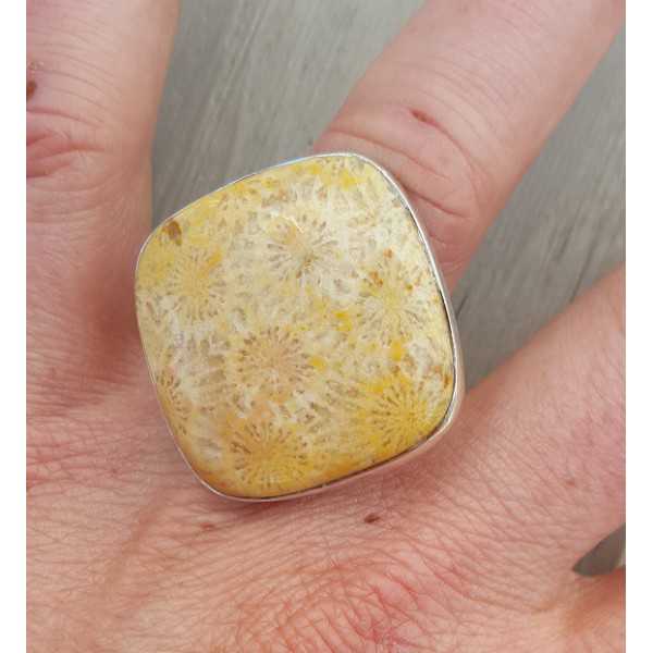 Silver ring set with square Fossil Coral 17.3 mm
