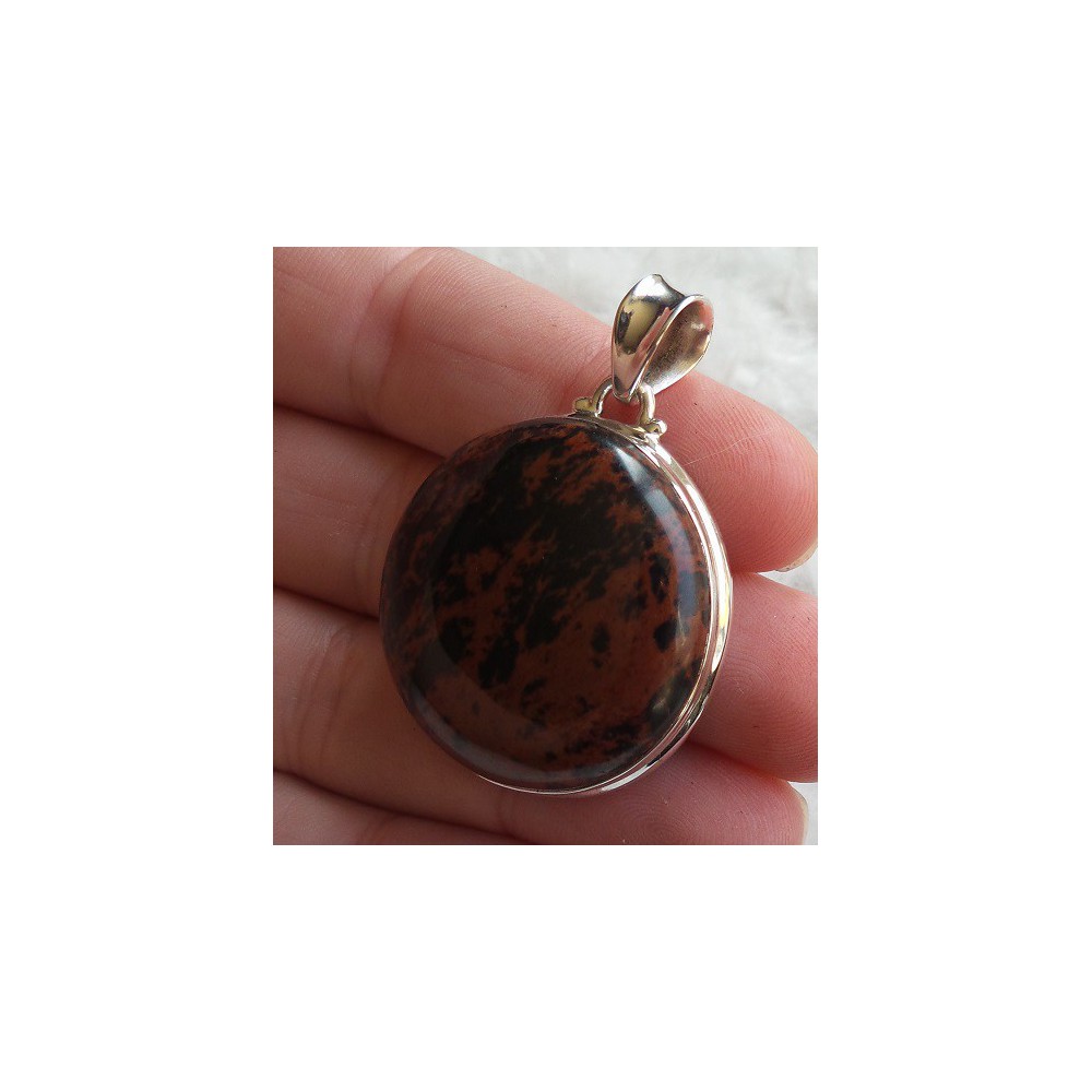 Zilveren hanger gezet met ronde mahonie Obsidiaan 