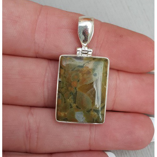 Zilveren hanger rechthoekige cabochon regenwoud Jaspis