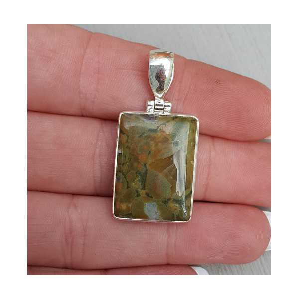 Silver pendant, rectangular cabochon of rainforest Jasper