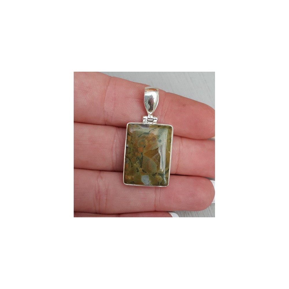 Silver pendant, rectangular cabochon of rainforest Jasper