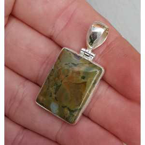 Silver pendant, rectangular cabochon of rainforest Jasper