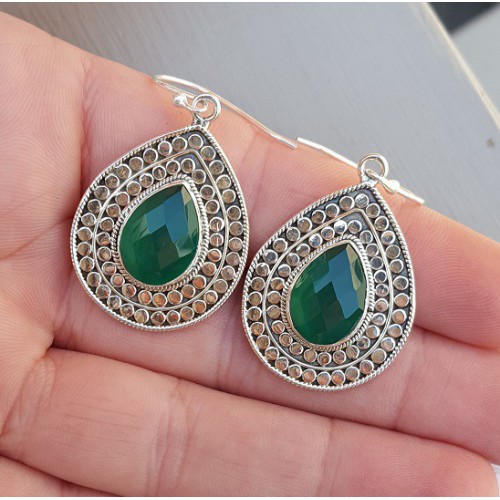 Zilveren oorbellen met facet groene Onyx Large