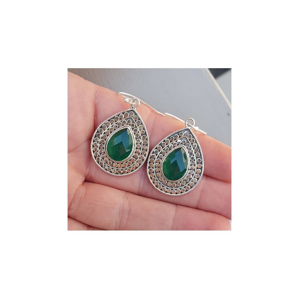 Silver earrings with faceted green Onyx Large