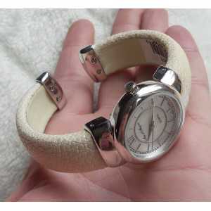 Zilveren horloge / armband van crème Roggenleer