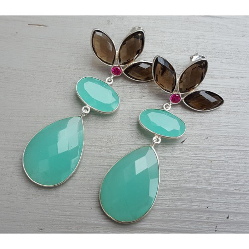 Zilveren oorbellen met Smokey Topaas en aqua Chalcedoon