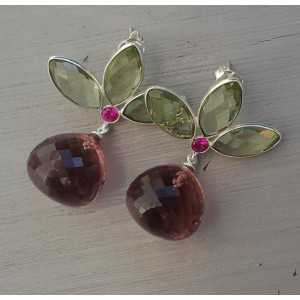 Zilveren oorbellen groene Amethist quartz en roze Toermalijn quartz