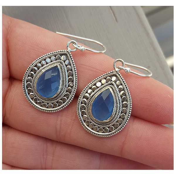 Zilveren oorbellen met druppelvormige blauw Chalcedoon Small