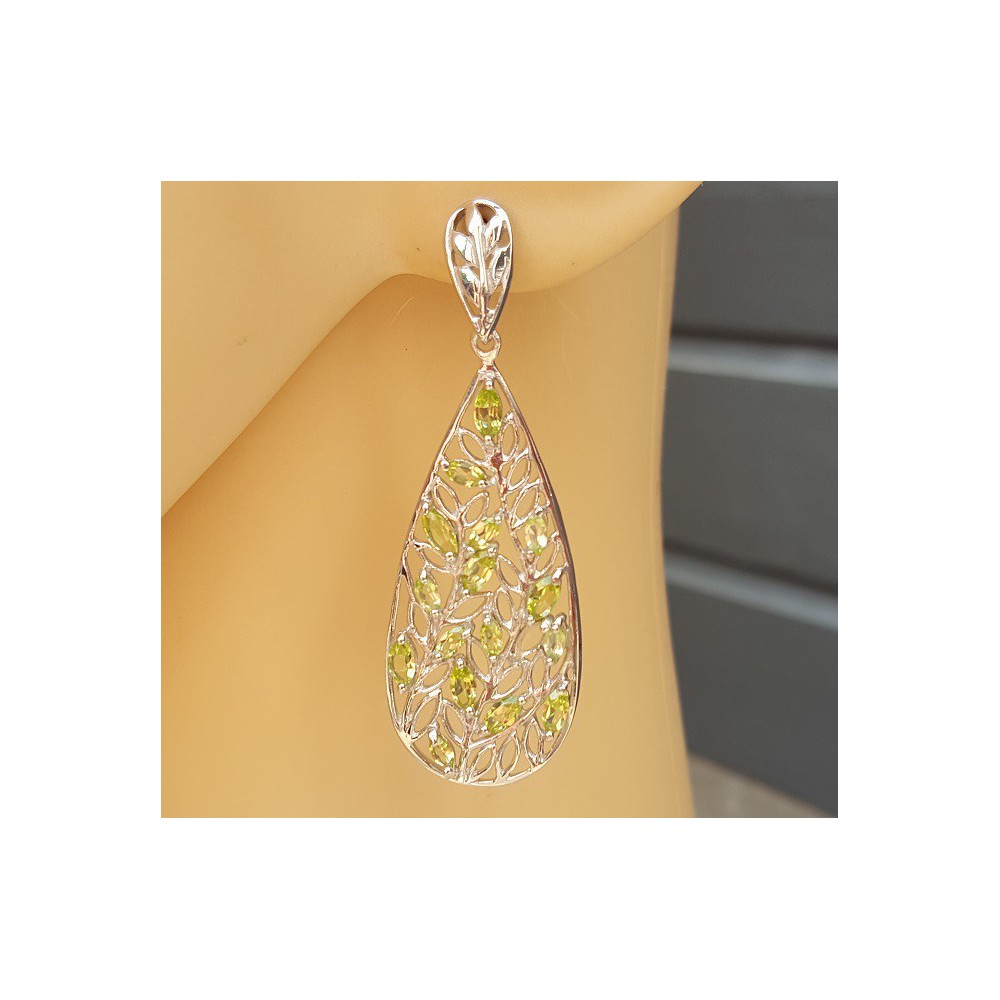 Silver long drop earrings set with marquise Peridot