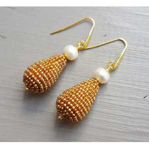 Gold plated earrings with Pearl drop of golden beads