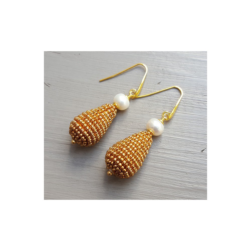 Gold plated earrings with Pearl drop of golden beads